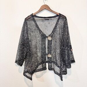 Artsy Lagenlook Boho Mesh Knit Shrug Nina Leonard Asymmetrical Black 2X Plus